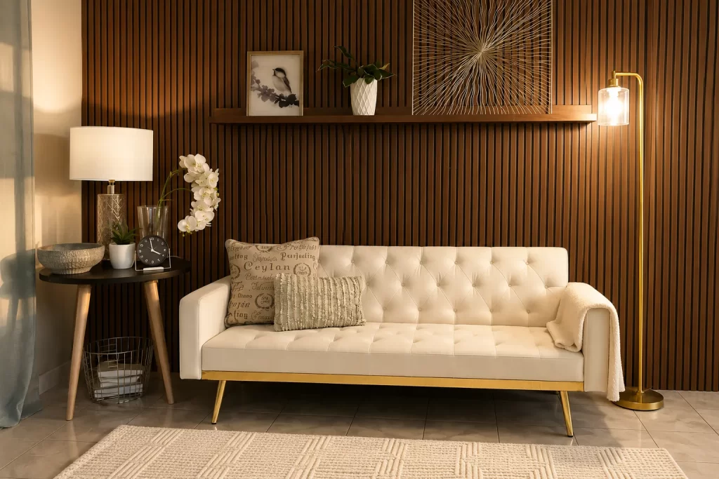 Calm therapy office at Despertares Counseling in Phoenix with a cream sofa and warm lighting