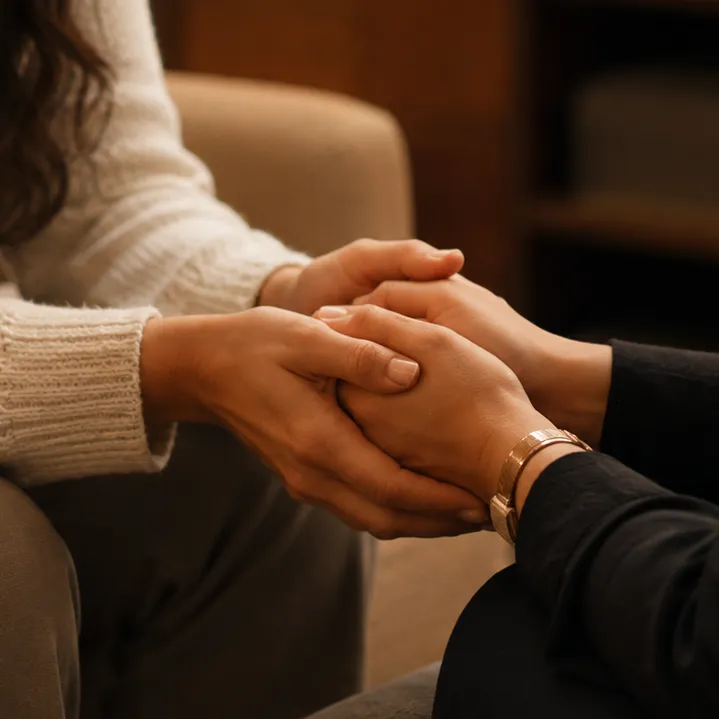 Two people holding hands in a moment of support and connection