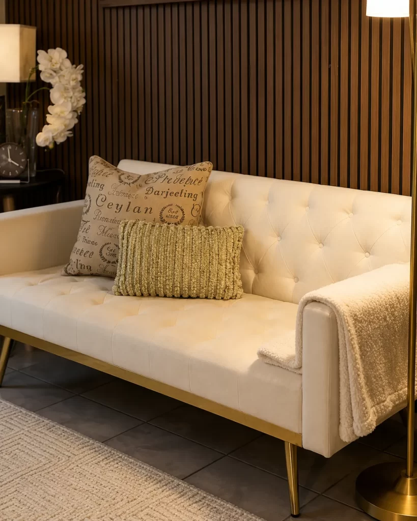 Cream tufted sofa with pillows in the Despertares Counseling therapy room in Phoenix