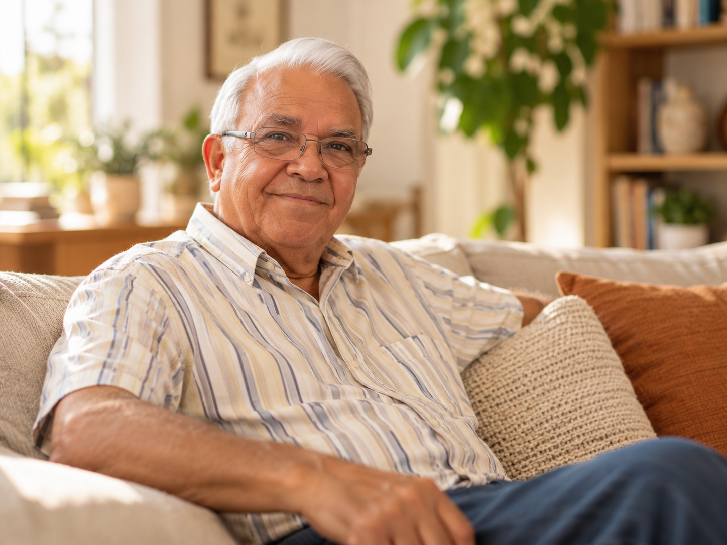 Older man seated comfortably on a sofa